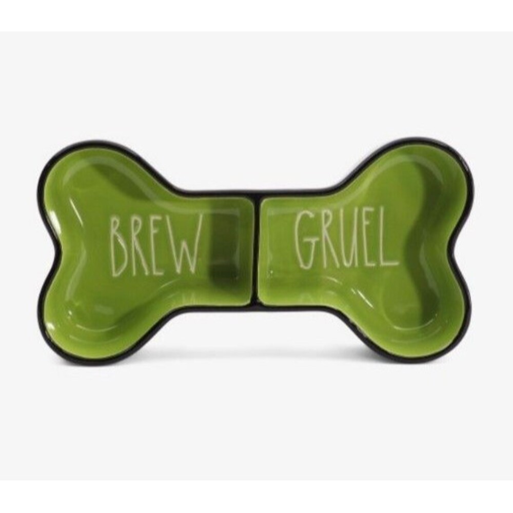 Rae Dunn "BREW and GRUEL" Pet Bowl Bone Shaped Dish 11" W X 2.5" H